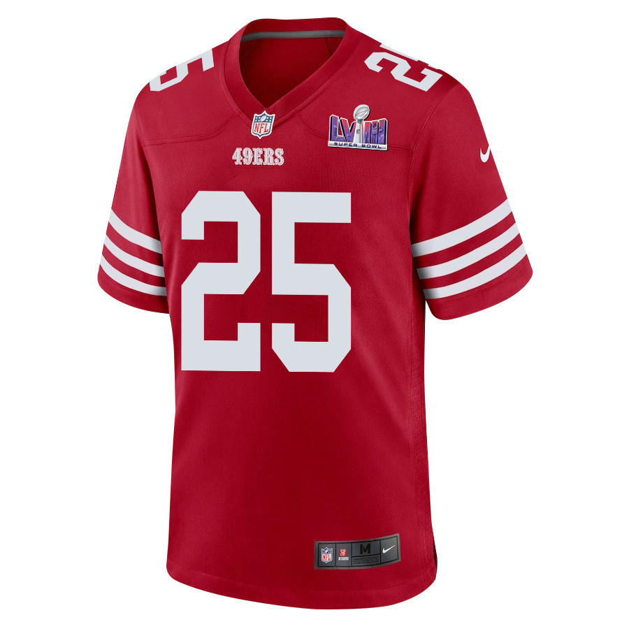 Alternative view of Elijah Mitchell 25 San Francisco 49ers Super Bowl LVIII Patch Game Men Jersey - Scarlet JS7954 nicesnker