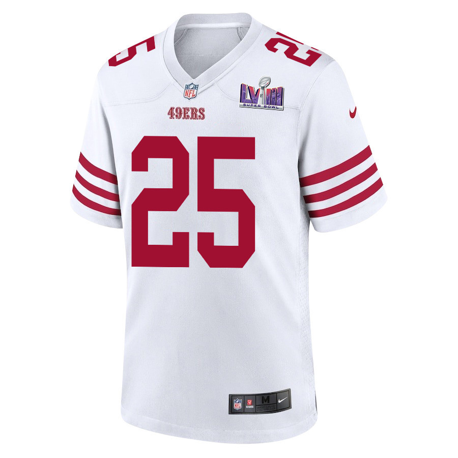 Alternative view of Elijah Mitchell 25 San Francisco 49ers Super Bowl LVIII Patch Game Men Jersey - White JS5500 nicesnker