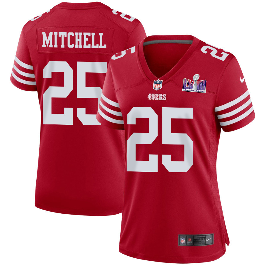 Elijah Mitchell 25 San Francisco 49ers Super Bowl LVIII Patch Game Women Jersey - Scarlet JS2014 nicesnker