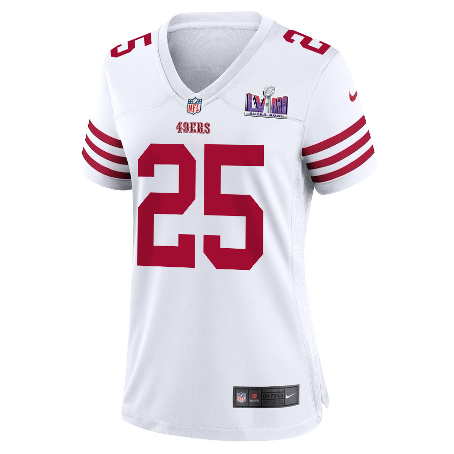 Alternative view of Elijah Mitchell 25 San Francisco 49ers Super Bowl LVIII Patch Game Women Jersey - White JS9533 nicesnker