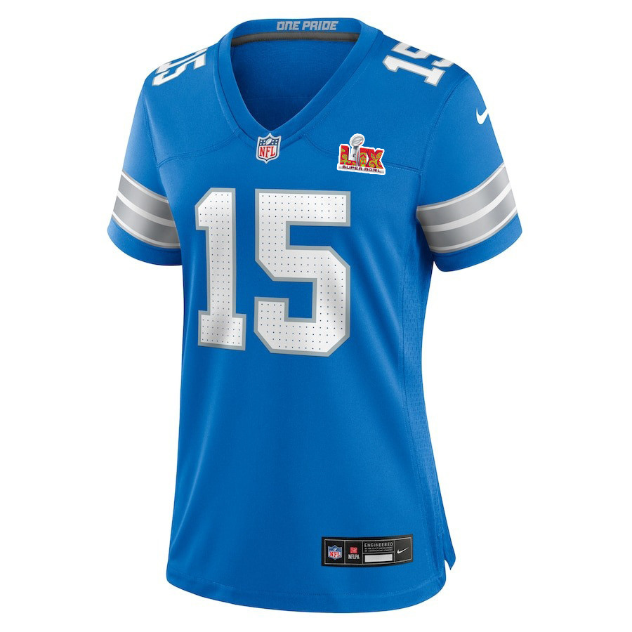 Alternative view of Ennis Rakestraw Jr. #15 Detroit Lions Super Bowl LIX Women's Jersey - Blue JS5139 nicesnker