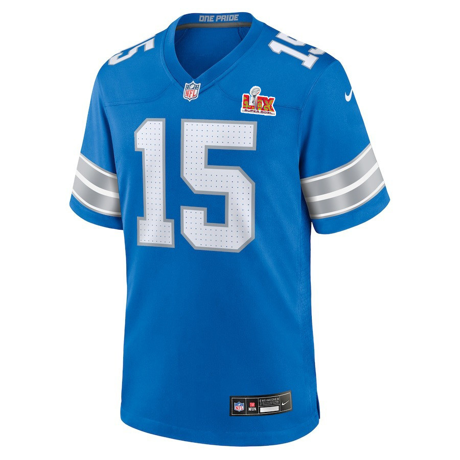 Alternative view of Ennis Rakestraw Jr. #15 Detroit Lions Super Bowl LIX YOUTH Jersey - Blue JS3327 nicesnker