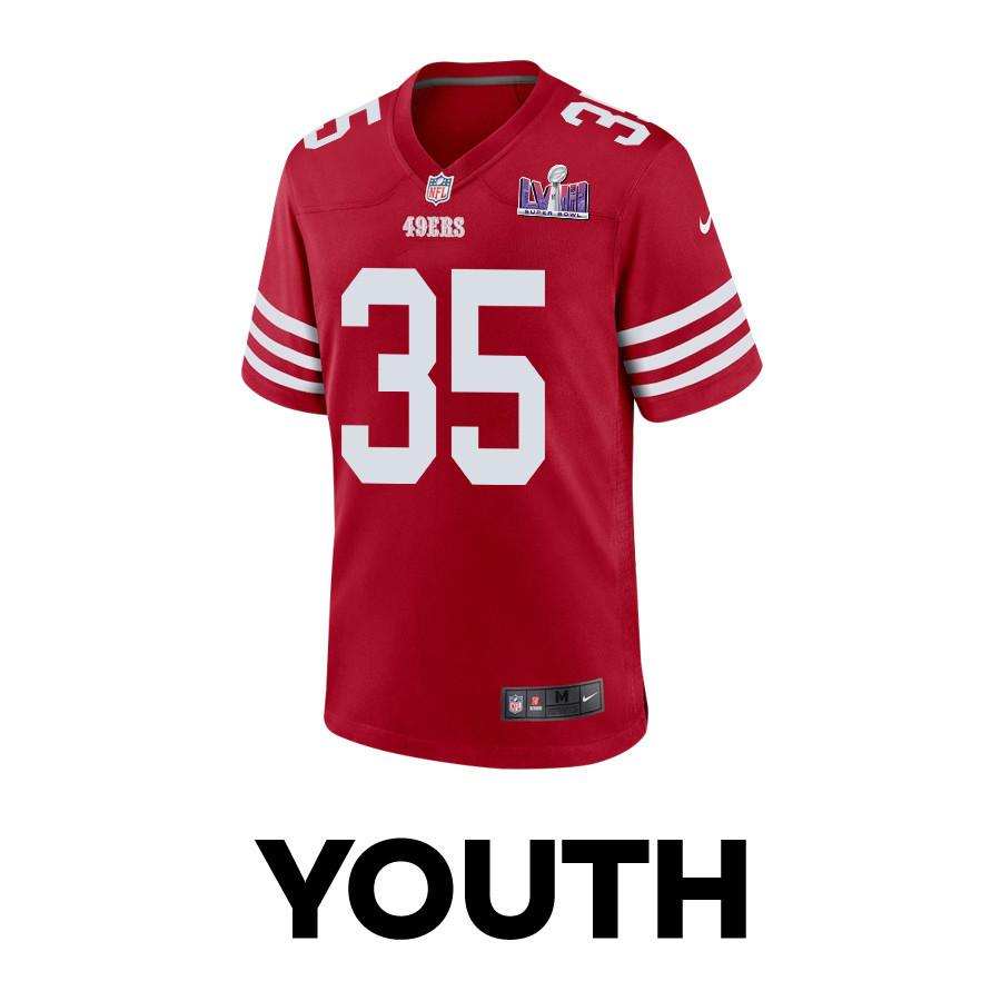 Alternative view of Erik Harris 35 San Francisco 49ers Super Bowl LVIII Patch Game YOUTH Jersey - Scarlet JS7348 nicesnker