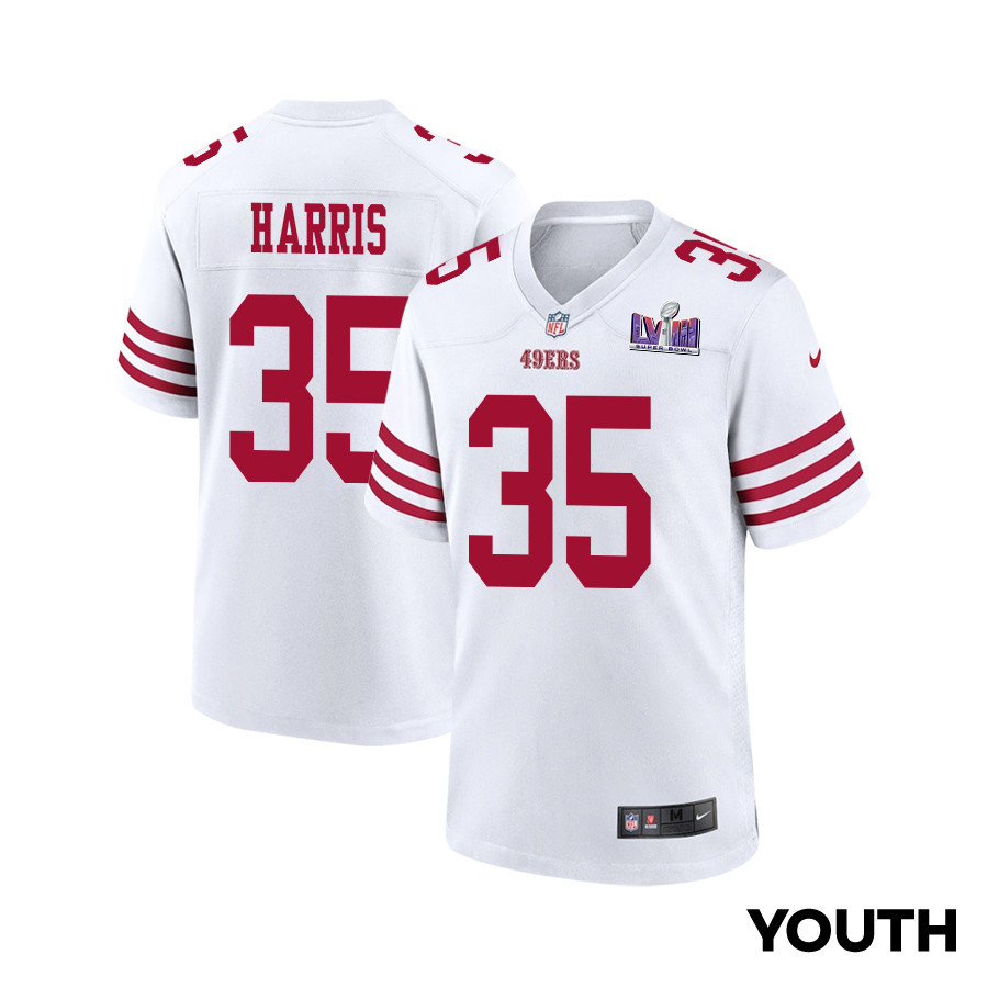Erik Harris 35 San Francisco 49ers Super Bowl LVIII Patch Game YOUTH Jersey - White JS3000 nicesnker