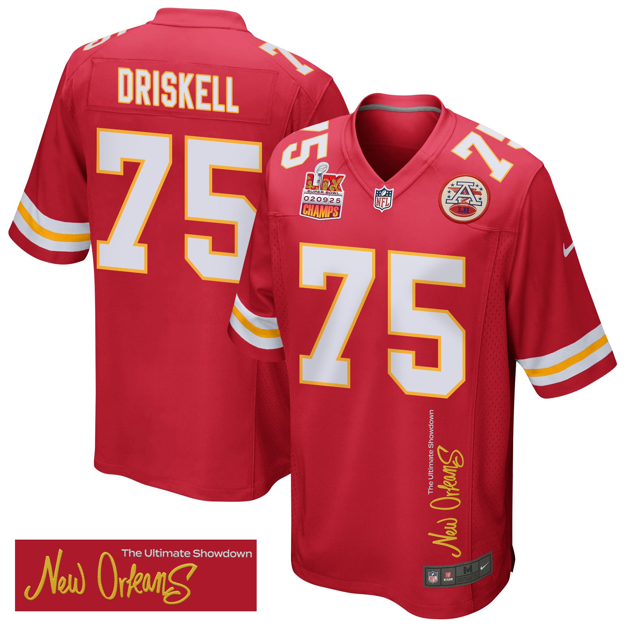 Ethan Driskell 75 Kansas City Chiefs Super Bowl LIX Champions Patch 'New Orleans - The Ultimate Showdown' EMBROIDERED Game Men Jersey - Red JS2597 nicesnker
