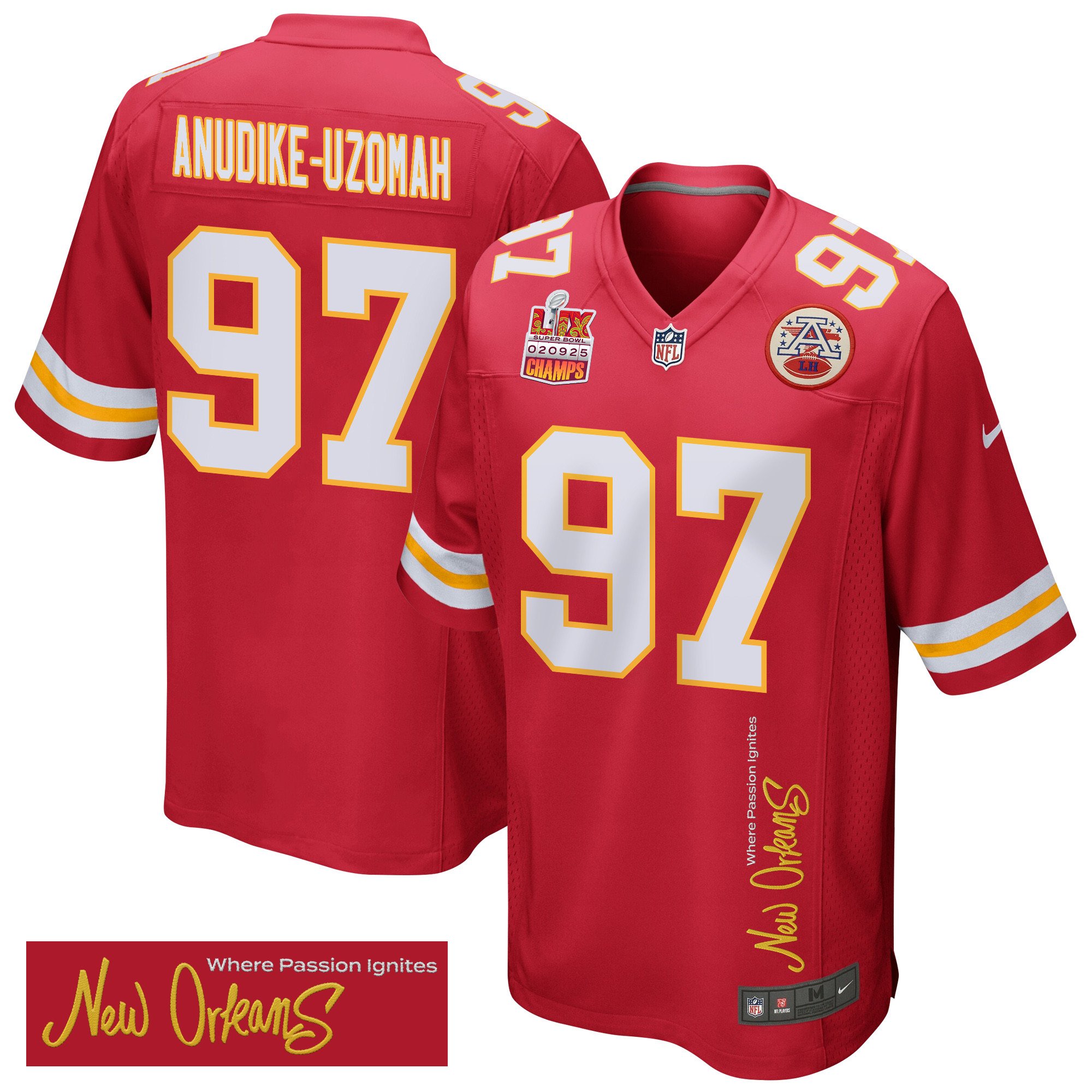 Felix Anudike-Uzomah 97 Kansas City Chiefs Super Bowl LIX Champions Patch 'New Orleans - Where Passion Ignites' EMBROIDERED Game Men Jersey - Red JS9381 nicesnker