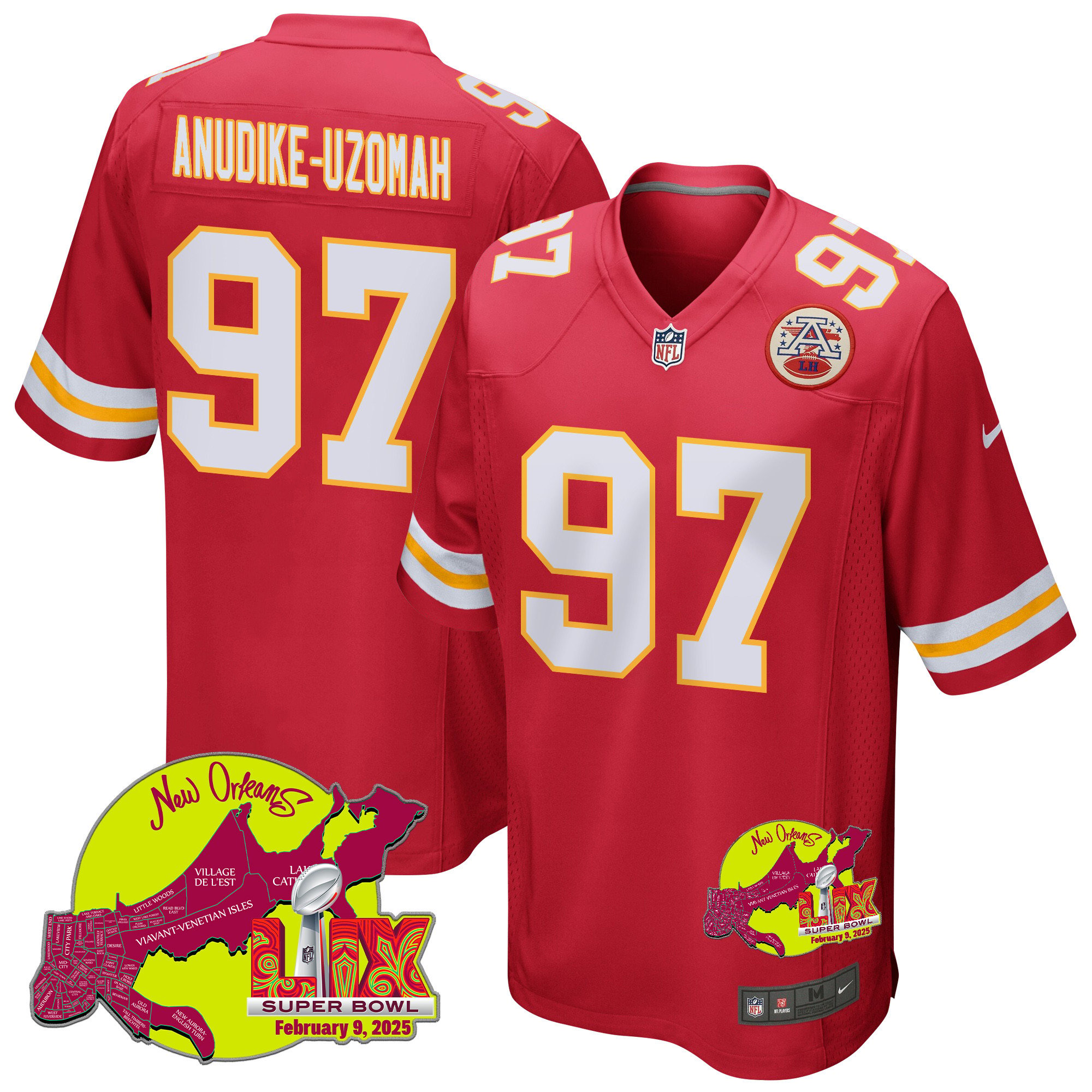 Felix Anudike-Uzomah 97 Kansas City Chiefs Super Bowl LIX New Orleans Patch Game Men Jersey - Red JS1390 nicesnker