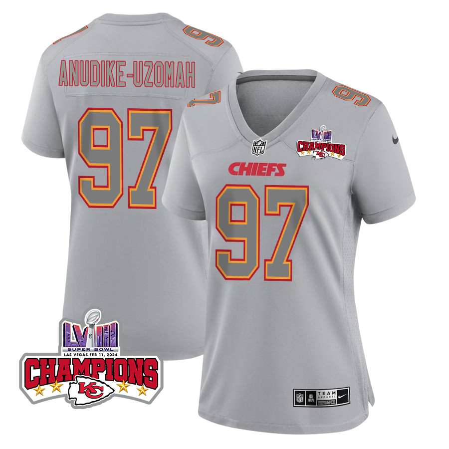 Felix Anudike-Uzomah 97 Kansas City Chiefs Super Bowl LVIII Champions 4 Stars Patch Atmosphere Fashion Game Women Jersey - Gray JS6881 nicesnker