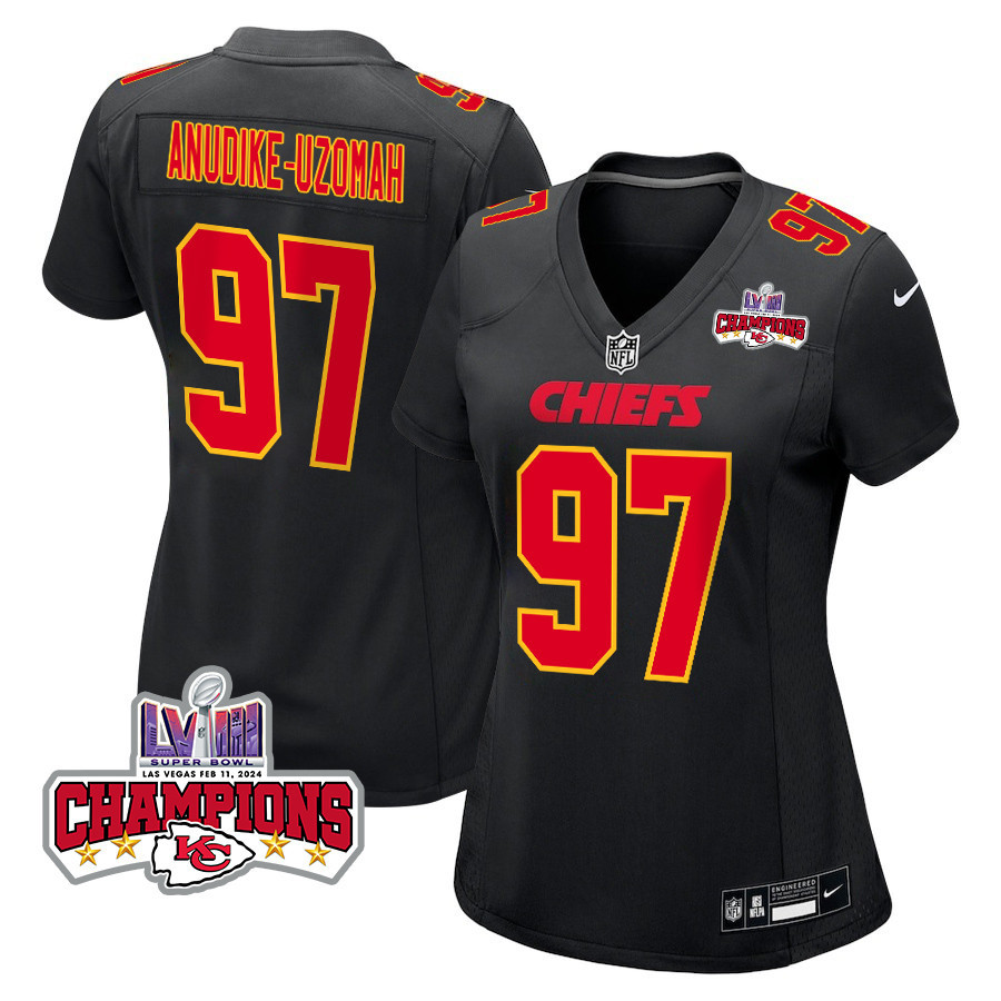 Felix Anudike-Uzomah 97 Kansas City Chiefs Super Bowl LVIII Champions 4 Stars Patch Fashion Game Women Jersey - Carbon Black JS5843 nicesnker