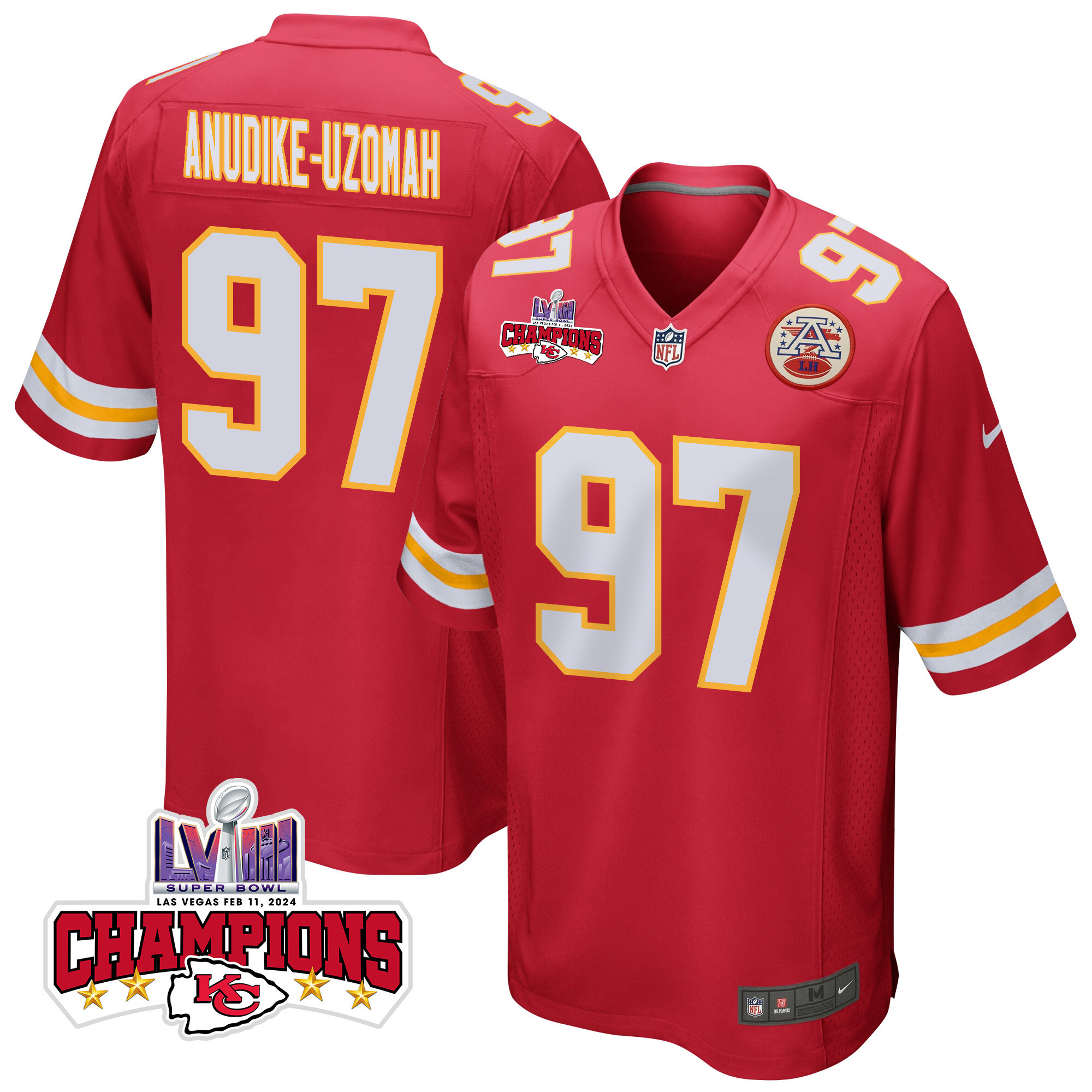 Felix Anudike-Uzomah 97 Kansas City Chiefs Super Bowl LVIII Champions 4 Stars Patch Game Men Jersey - Red JS9466 nicesnker
