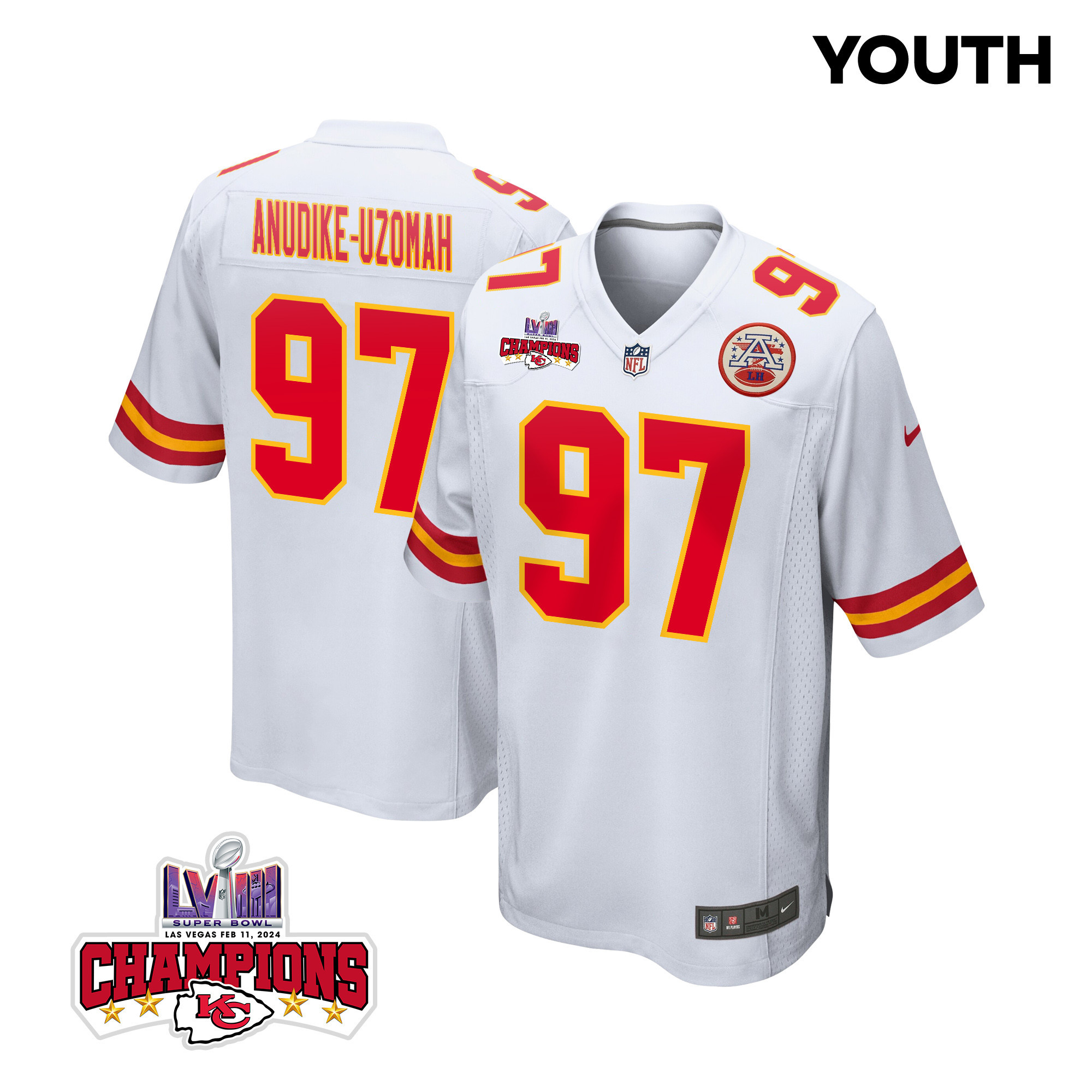 Felix Anudike-Uzomah 97 Kansas City Chiefs Super Bowl LVIII Champions 4 Stars Patch Game YOUTH Jersey - White JS2954 nicesnker