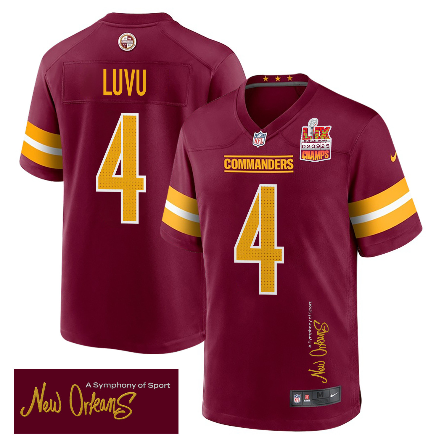 Frankie Luvu 4 Washington Commanders Super Bowl LIX Champions Patch 'New Orleans - A Symphony of Sport' EMBROIDERED Game Men Jersey - Burgundy JS9703 nicesnker
