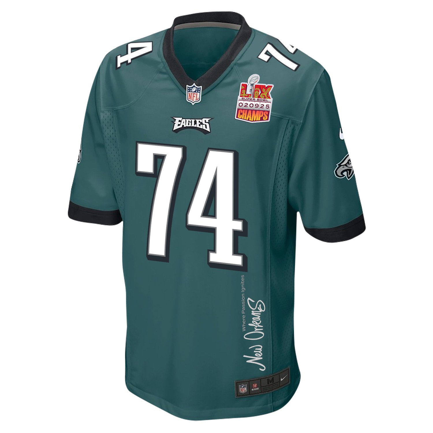 Fred Johnson 74 Philadelphia Eagles Super Bowl LIX Champions Patch 'New Orleans - Where Passion Ignites' EMBROIDERED Game Men Jersey - Midnight Green JS9486 nicesnker - Image 3