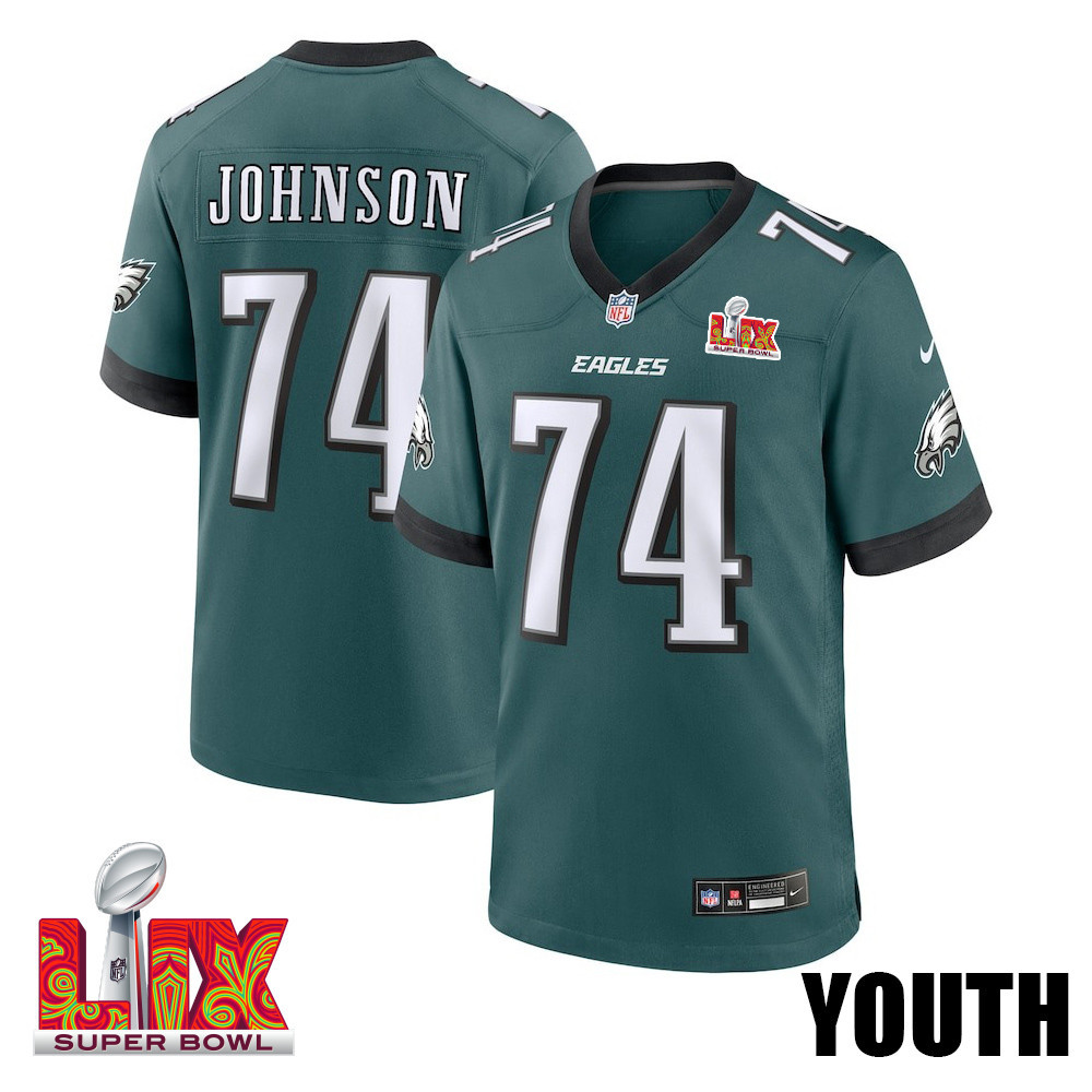 Fred Johnson #74 Philadelphia Eagles Super Bowl LIX YOUTH Jersey - Midnight Green JS9384 nicesnker