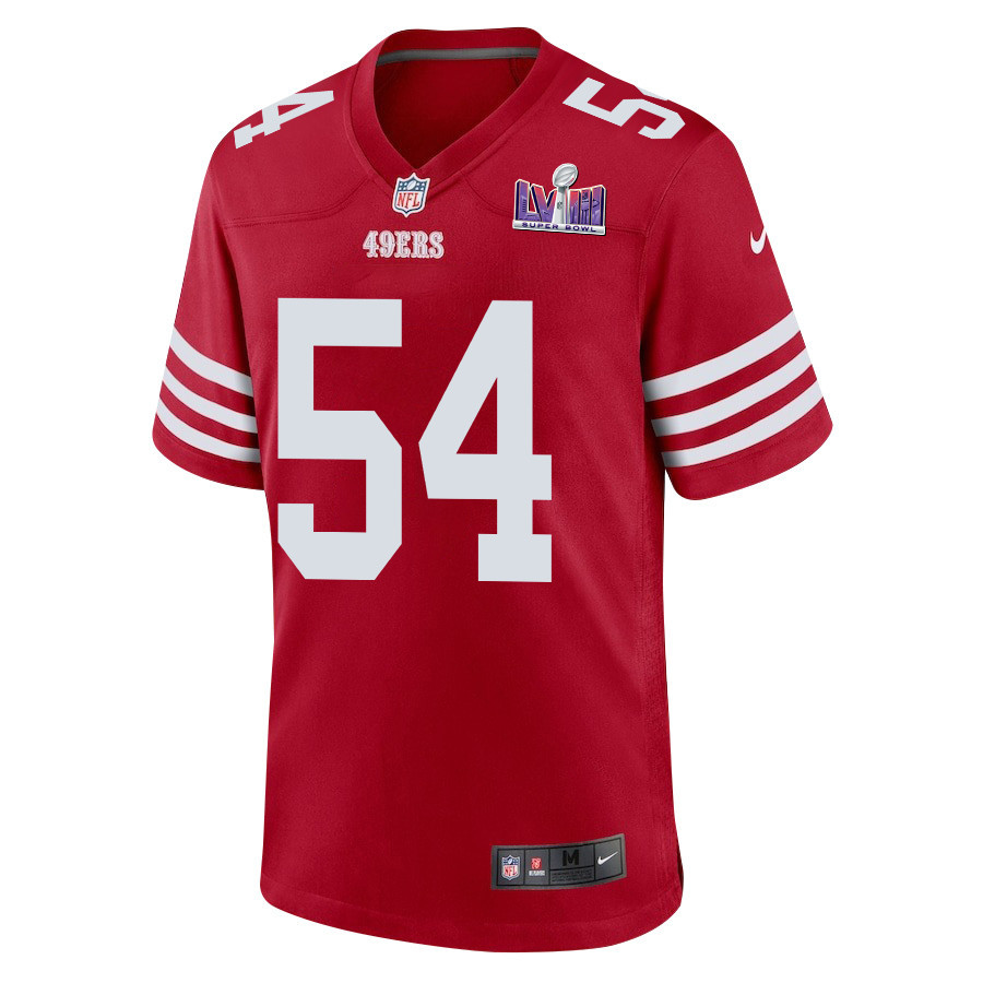 Alternative view of Fred Warner 54 San Francisco 49ers Super Bowl LVIII Patch Game Men Jersey - Scarlet JS1481 nicesnker