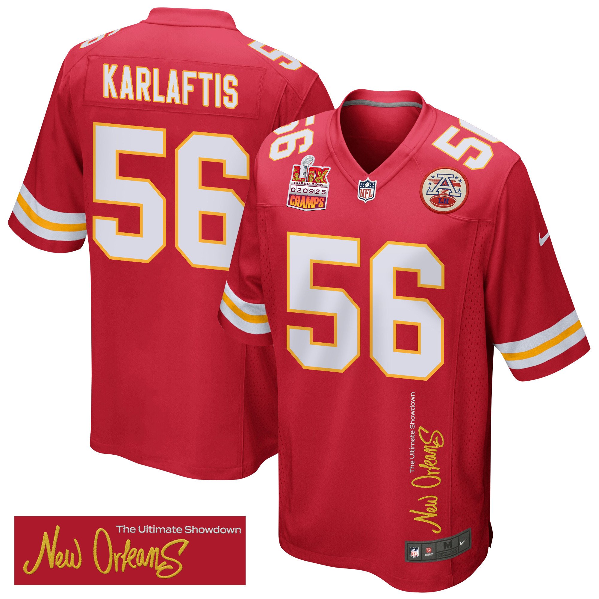 George Karlaftis 56 Kansas City Chiefs Super Bowl LIX Champions Patch 'New Orleans - The Ultimate Showdown' EMBROIDERED Game Men Jersey - Red JS3772 nicesnker