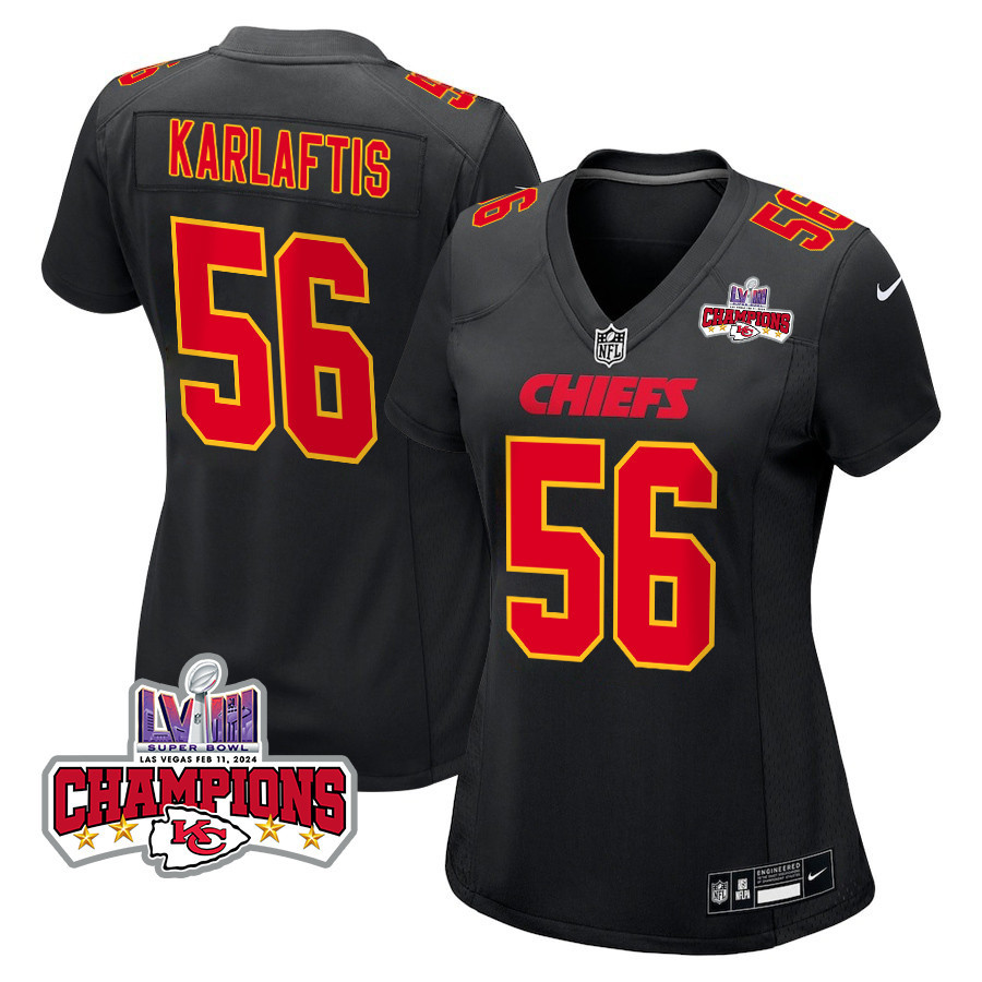 George Karlaftis 56 Kansas City Chiefs Super Bowl LVIII Champions 4 Stars Patch Fashion Game Women Jersey - Carbon Black JS3337 nicesnker