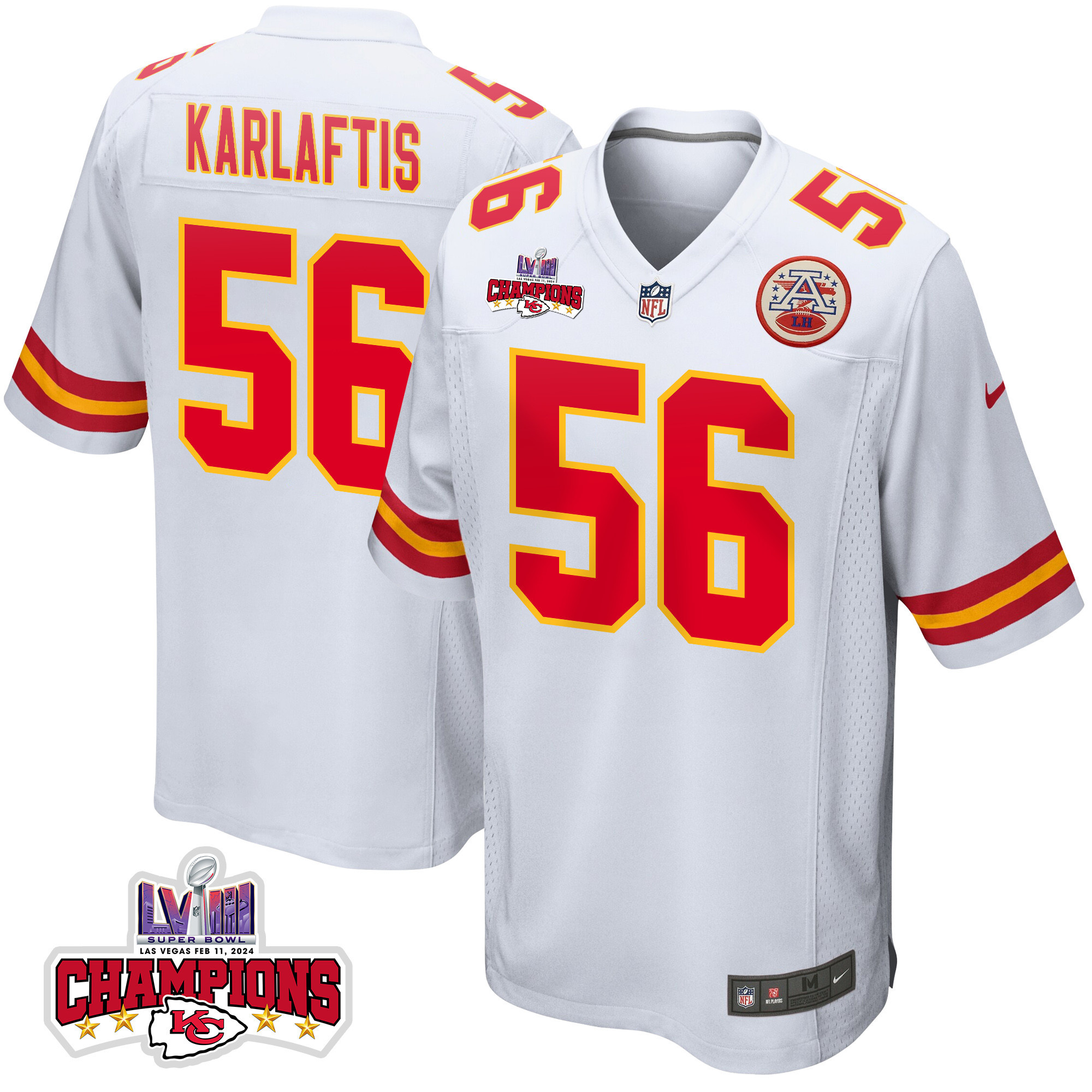 George Karlaftis 56 Kansas City Chiefs Super Bowl LVIII Champions 4 Stars Patch Game Men Jersey - White JS4708 nicesnker