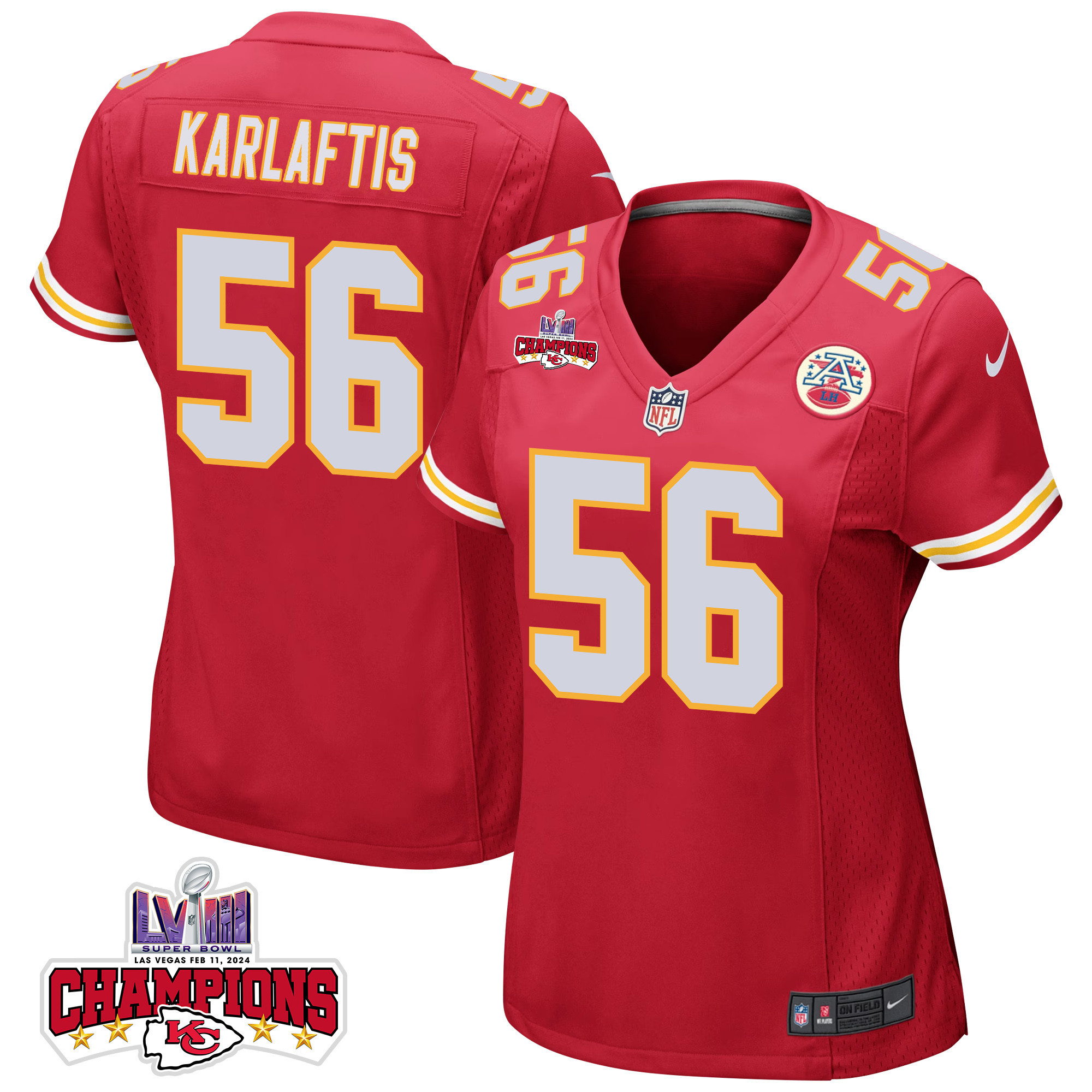 George Karlaftis 56 Kansas City Chiefs Super Bowl LVIII Champions 4 Stars Patch Game Women Jersey - Red JS3995 nicesnker
