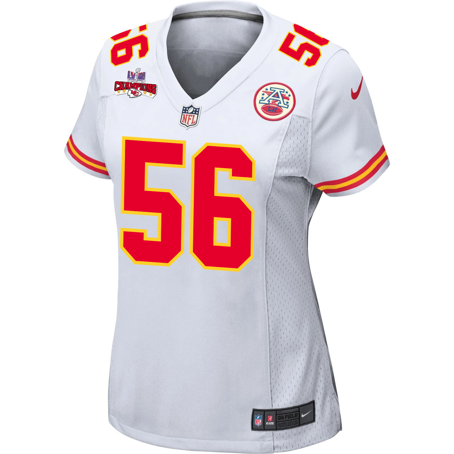 Alternative view of George Karlaftis 56 Kansas City Chiefs Super Bowl LVIII Champions 4 Stars Patch Game Women Jersey - White JS5645 nicesnker