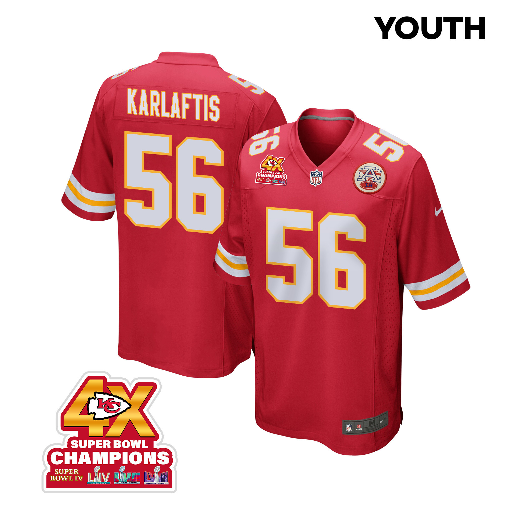 George Karlaftis 56 Kansas City Chiefs Super Bowl LVIII Champions 4X Game YOUTH Jersey - Red JS2845 nicesnker