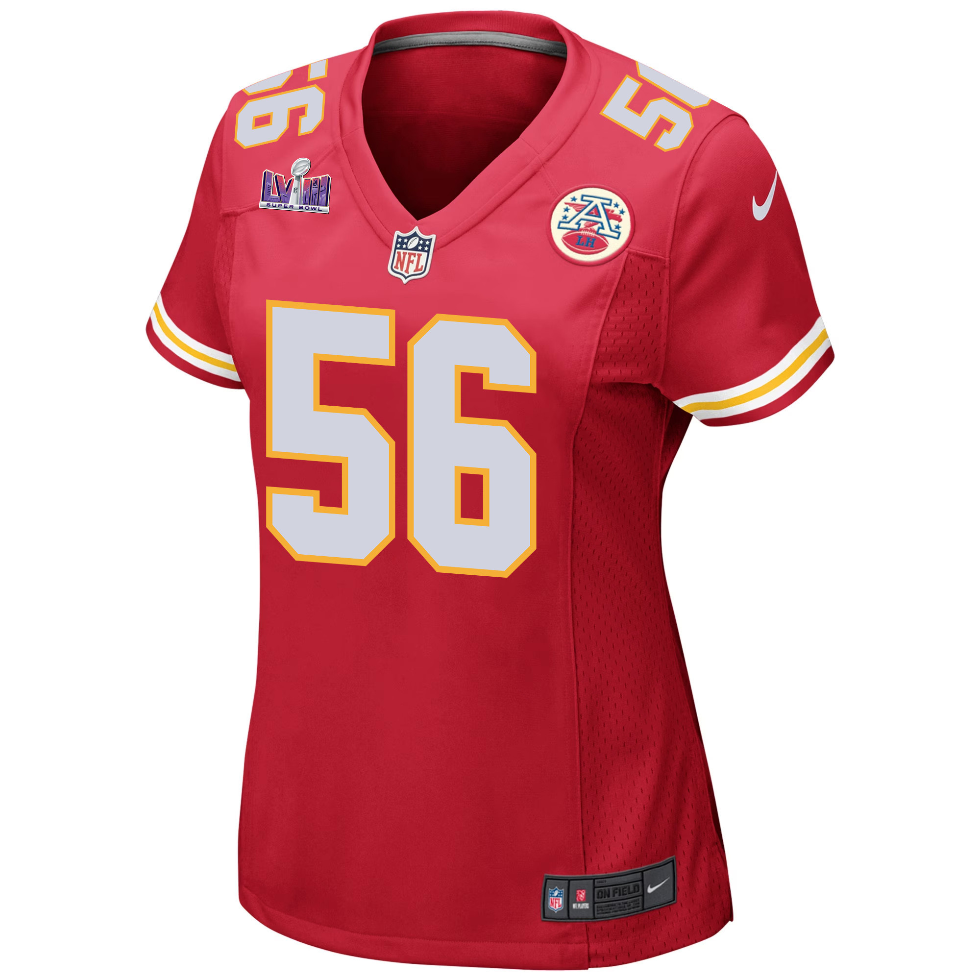 Alternative view of George Karlaftis 56 Kansas City Chiefs Super Bowl LVIII Patch Game Women Jersey - Red JS3419 nicesnker