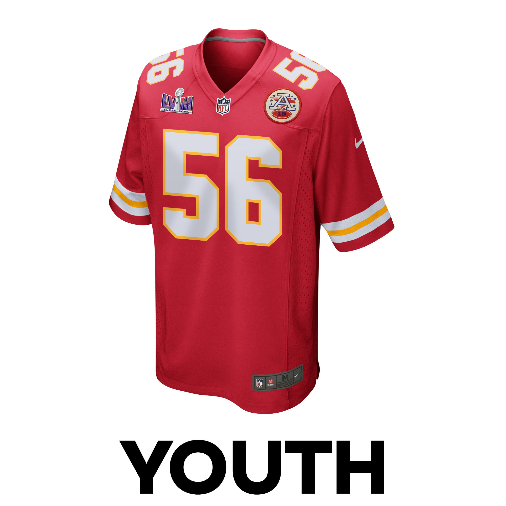 Alternative view of George Karlaftis 56 Kansas City Chiefs Super Bowl LVIII Patch Game YOUTH Jersey - Red JS5425 nicesnker