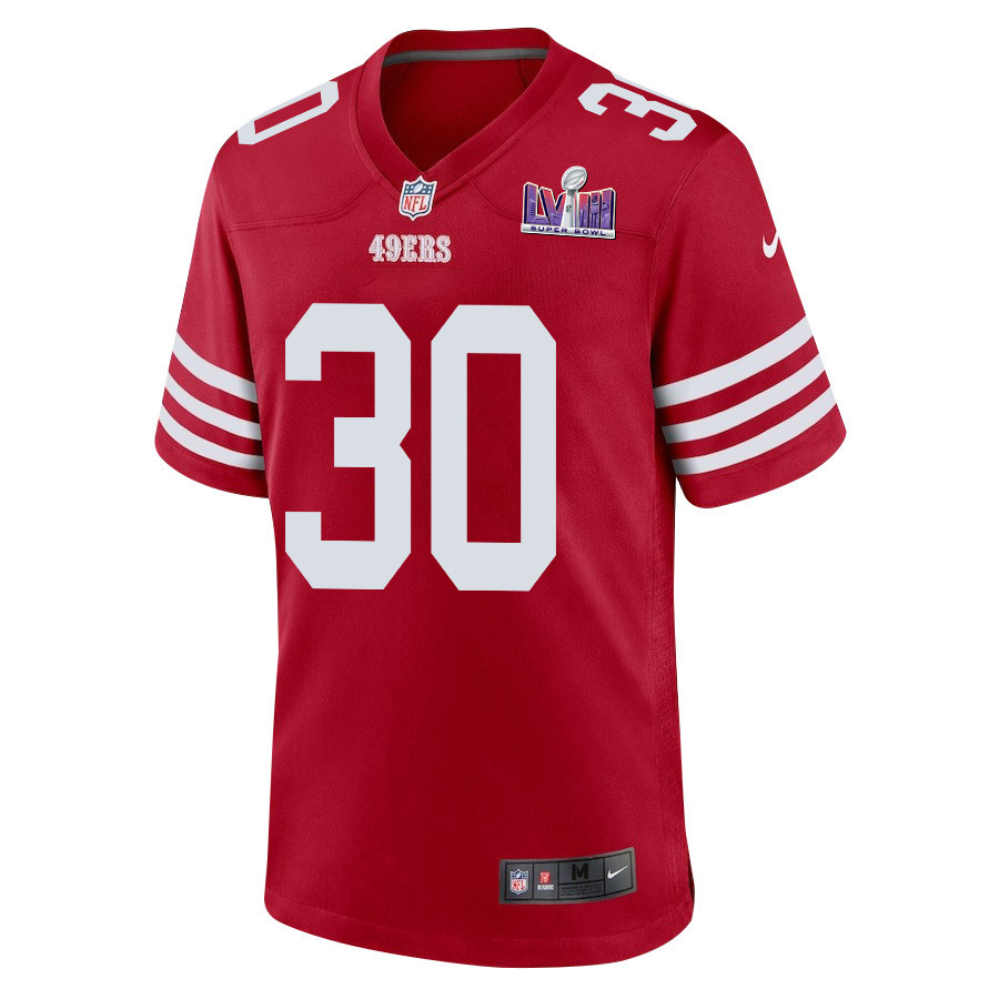 Alternative view of George Odum 30 San Francisco 49ers Super Bowl LVIII Patch Game Men Jersey - Scarlet JS2659 nicesnker
