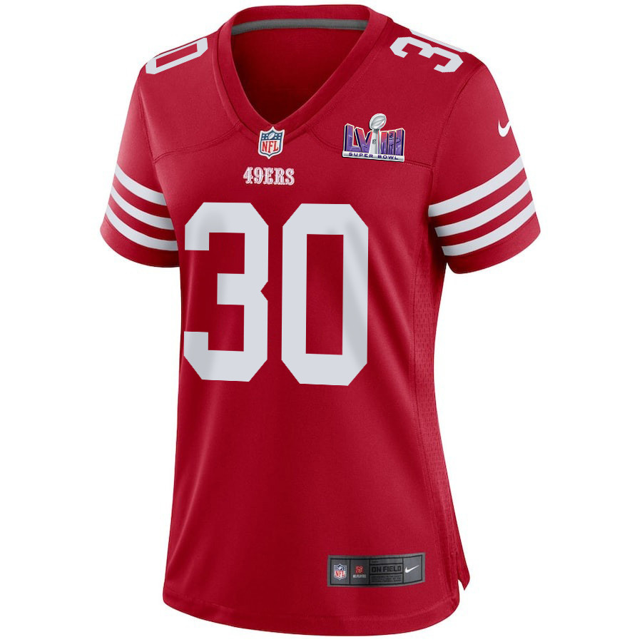 Alternative view of George Odum 30 San Francisco 49ers Super Bowl LVIII Patch Game Women Jersey - Scarlet JS9384 nicesnker