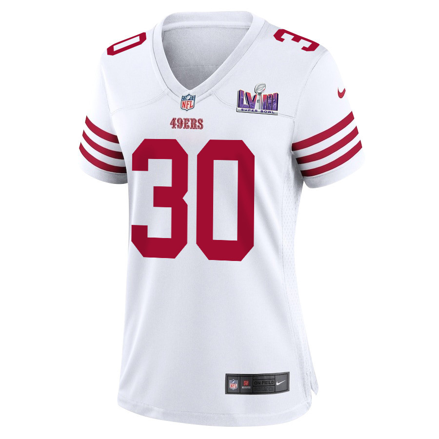 Alternative view of George Odum 30 San Francisco 49ers Super Bowl LVIII Patch Game Women Jersey - White JS9529 nicesnker