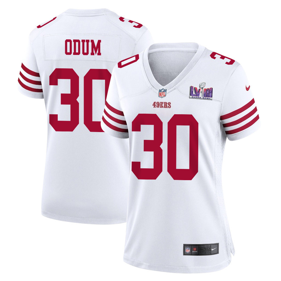 George Odum 30 San Francisco 49ers Super Bowl LVIII Patch Game Women Jersey - White JS9529 nicesnker