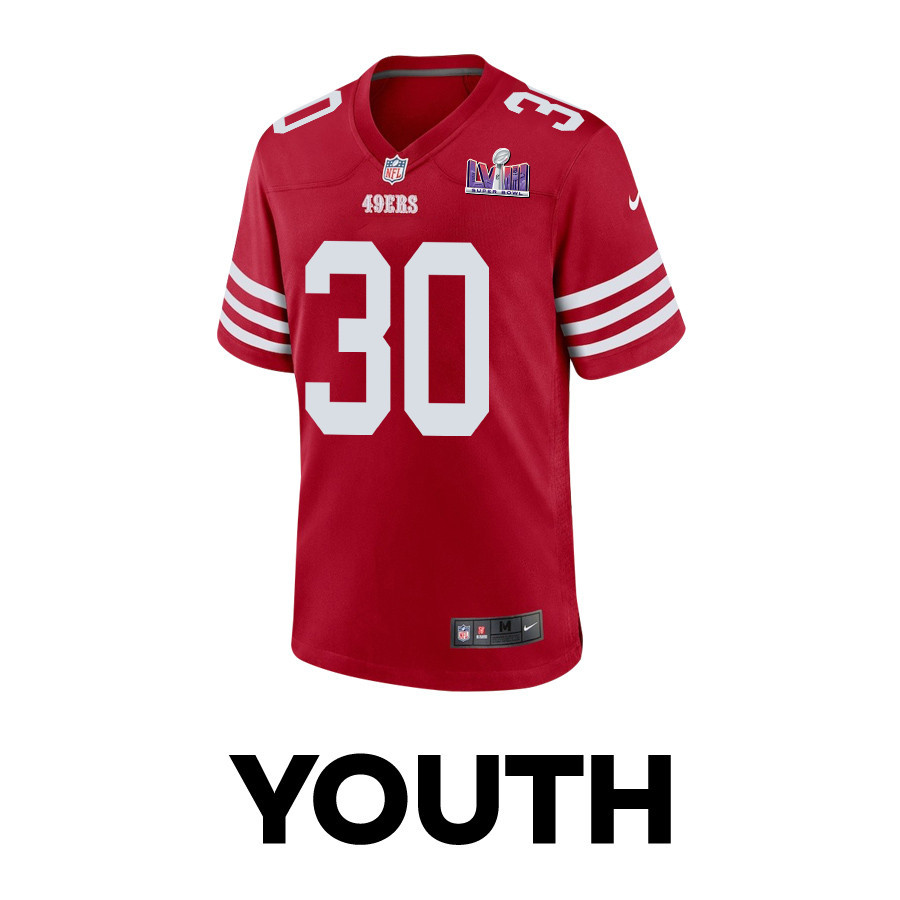 Alternative view of George Odum 30 San Francisco 49ers Super Bowl LVIII Patch Game YOUTH Jersey - Scarlet JS6590 nicesnker