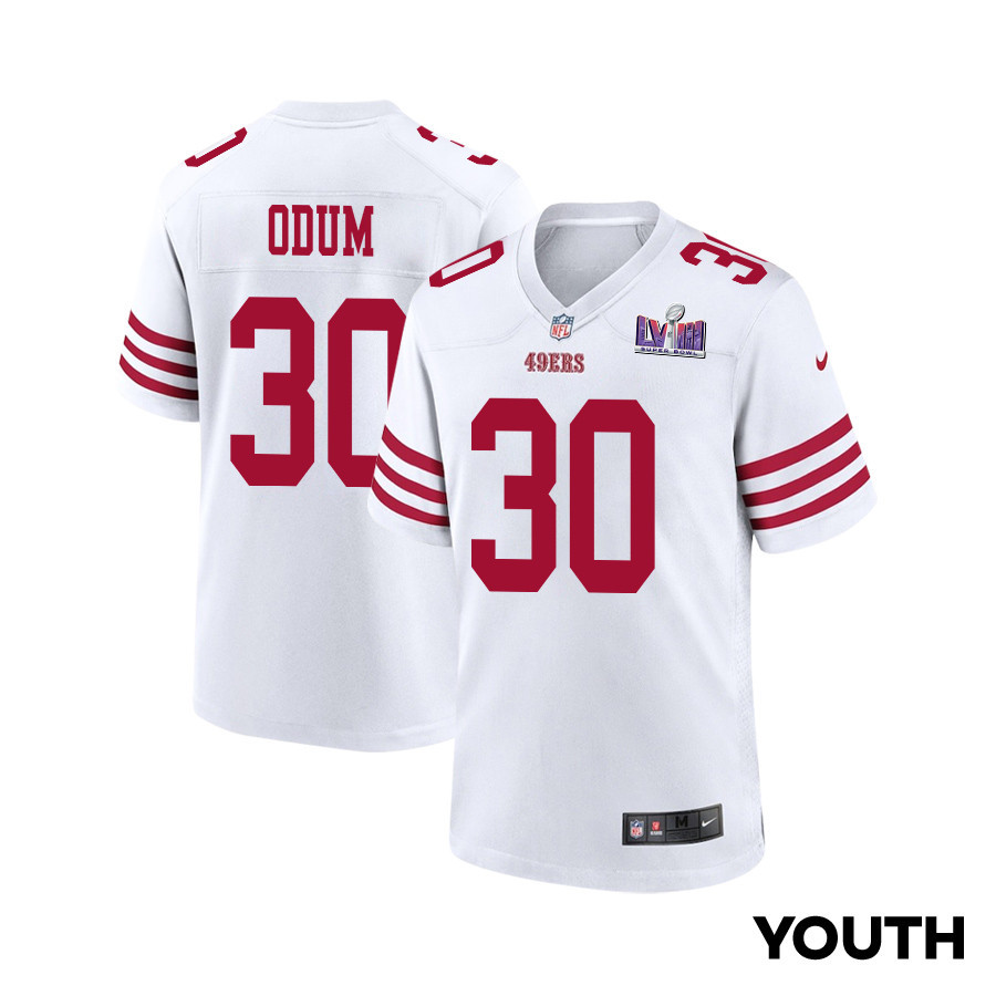 George Odum 30 San Francisco 49ers Super Bowl LVIII Patch Game YOUTH Jersey - White JS3793 nicesnker