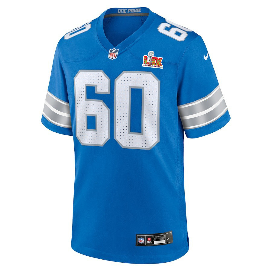 Alternative view of Graham Glasgow #60 Detroit Lions Super Bowl LIX YOUTH Jersey - Blue JS6569 nicesnker