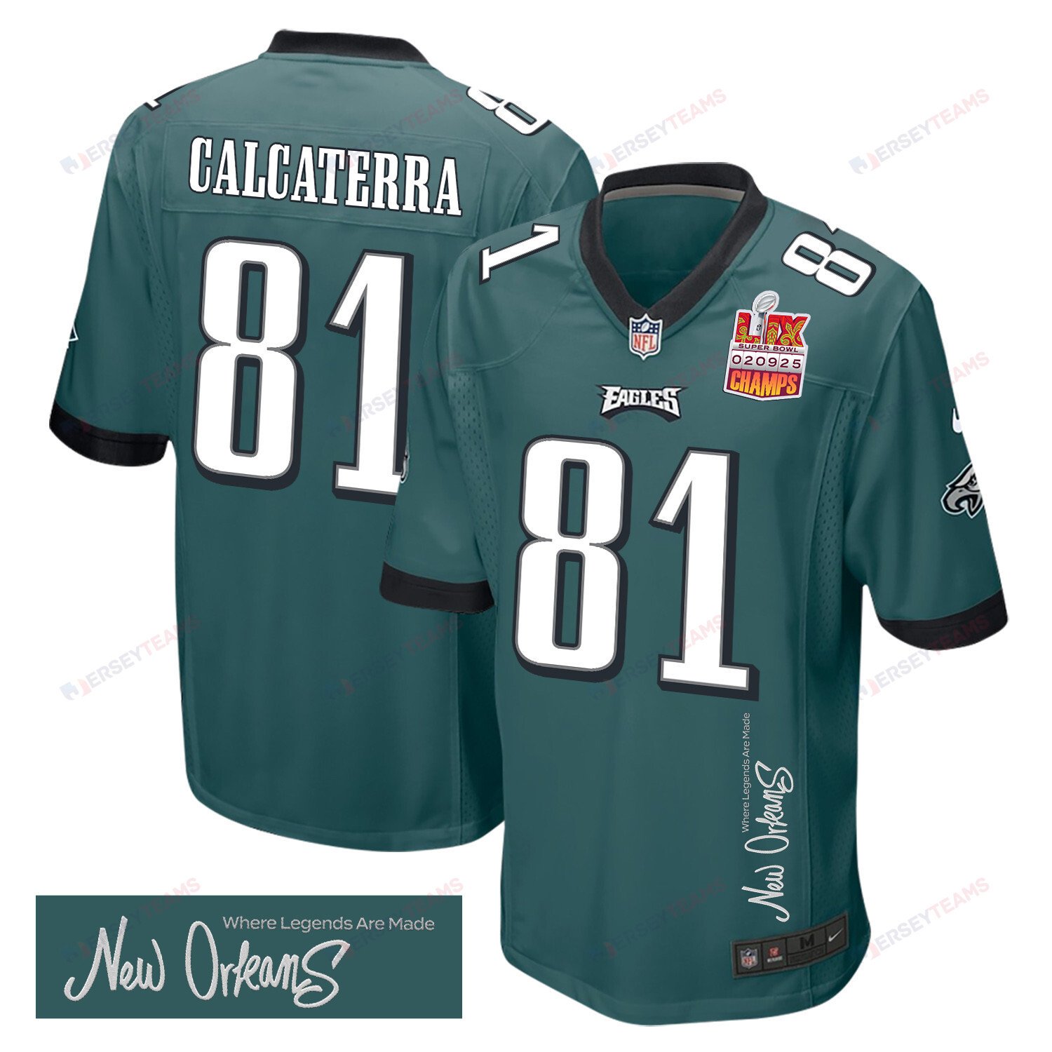Grant Calcaterra 81 Philadelphia Eagles Super Bowl LIX Champions Patch 'New Orleans - Where Legends Are Made' EMBROIDERED Game Men Jersey - Midnight Green JS5260 nicesnker