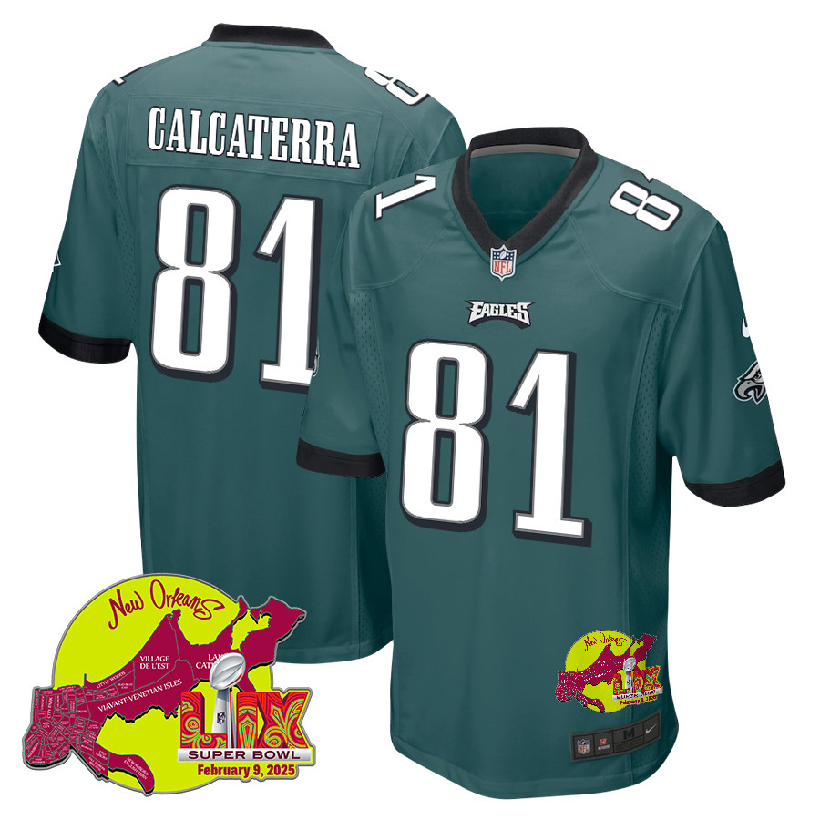 Grant Calcaterra 81 Philadelphia Eagles Super Bowl LIX New Orleans Patch Game Men Jersey - Midnight Green JS8560 nicesnker