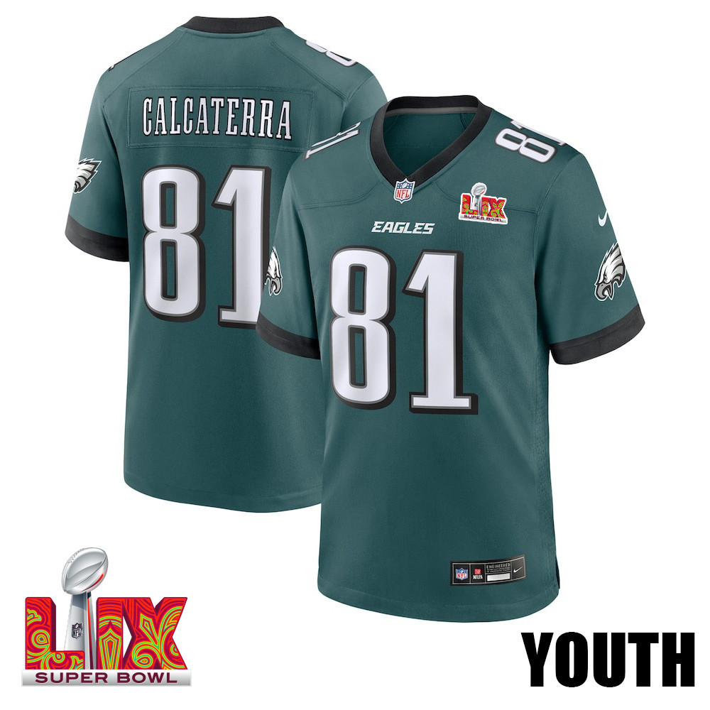 Grant Calcaterra #81 Philadelphia Eagles Super Bowl LIX YOUTH Jersey - Midnight Green JS2544 nicesnker