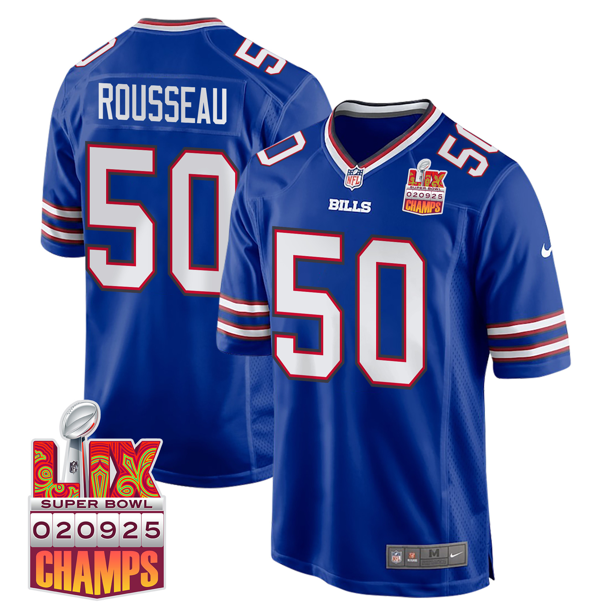 Greg Rousseau 50 Buffalo Bills Super Bowl LIX Champions Patch Game Men Jersey - Royal JS4140 nicesnker