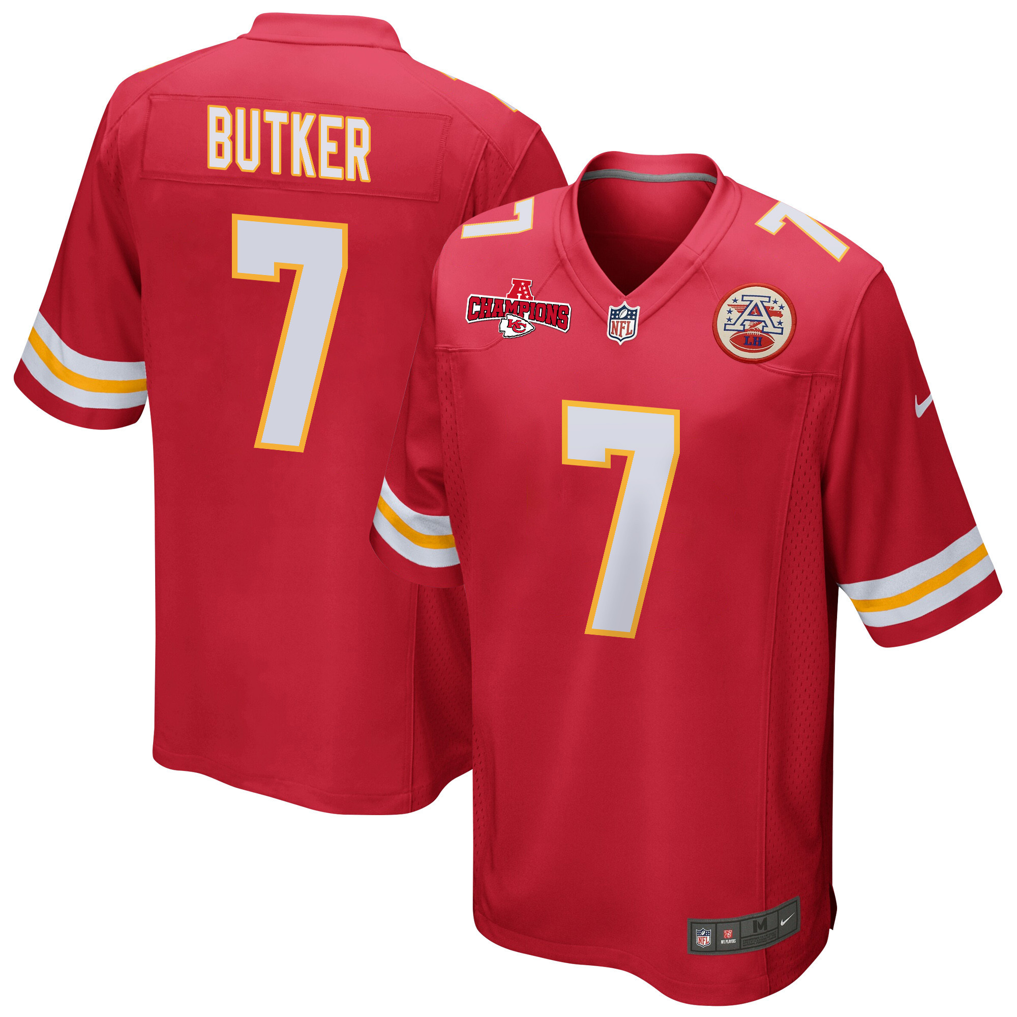 Harrison Butker 7 Kansas City Chiefs AFC Champions Patch Game Men Jersey - Red JS8579 nicesnker