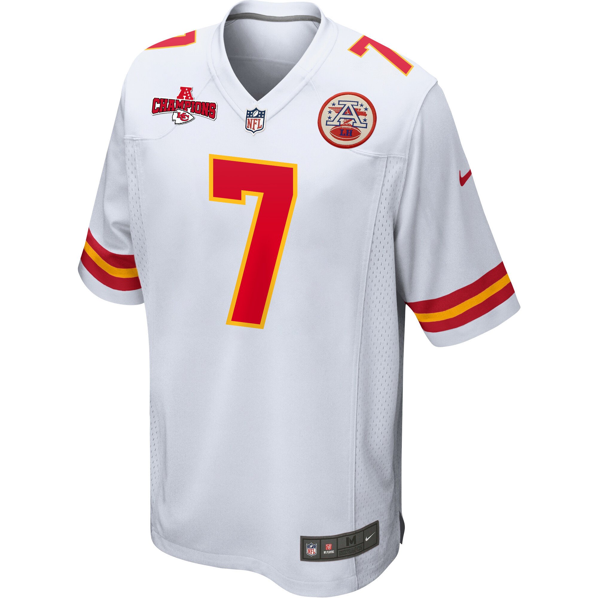Alternative view of Harrison Butker 7 Kansas City Chiefs AFC Champions Patch Game Men Jersey - White JS7574 nicesnker