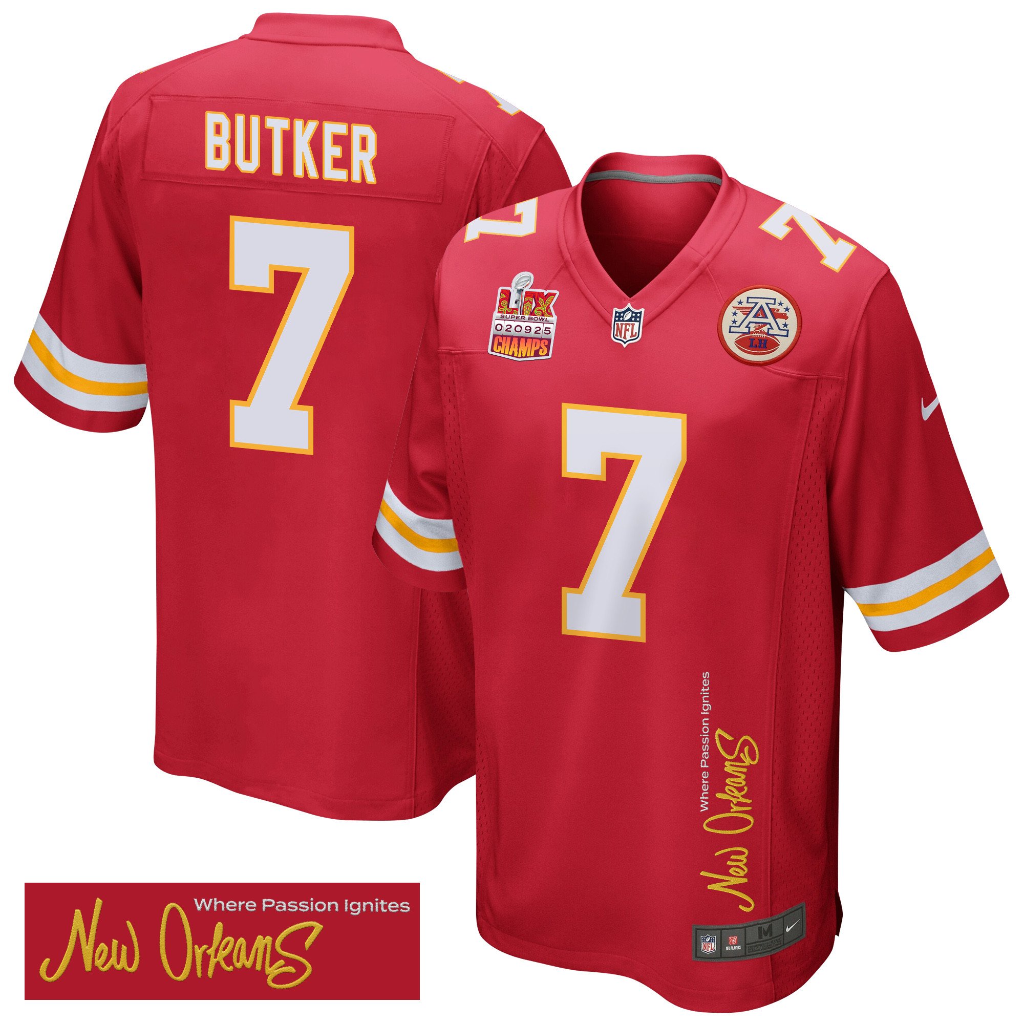 Harrison Butker 7 Kansas City Chiefs Super Bowl LIX Champions Patch 'New Orleans - Where Passion Ignites' EMBROIDERED Game Men Jersey - Red JS2231 nicesnker