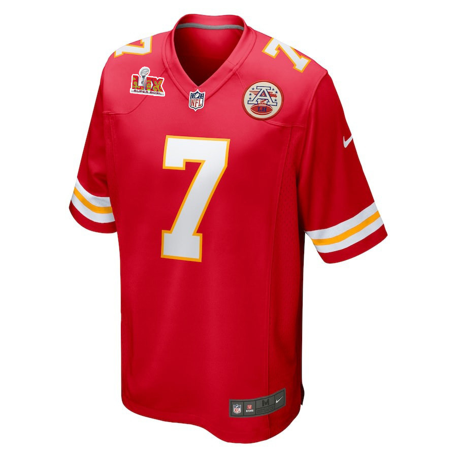 Alternative view of Harrison Butker #7 Kansas City Chiefs Super Bowl LIX Jersey - Men's - Red JS4765 nicesnker