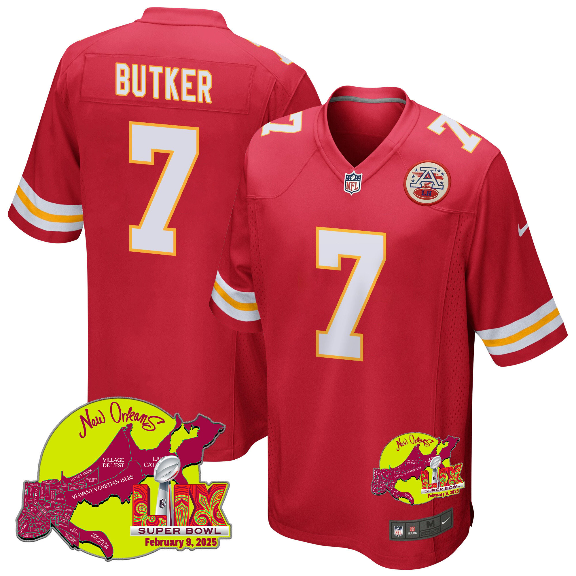 Harrison Butker 7 Kansas City Chiefs Super Bowl LIX New Orleans Patch Game Men Jersey - Red JS7788 nicesnker