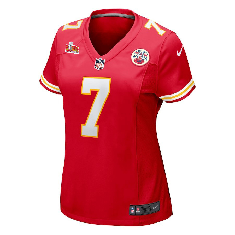 Alternative view of Harrison Butker #7 Kansas City Chiefs Super Bowl LIX Women's Jersey - Red JS3804 nicesnker