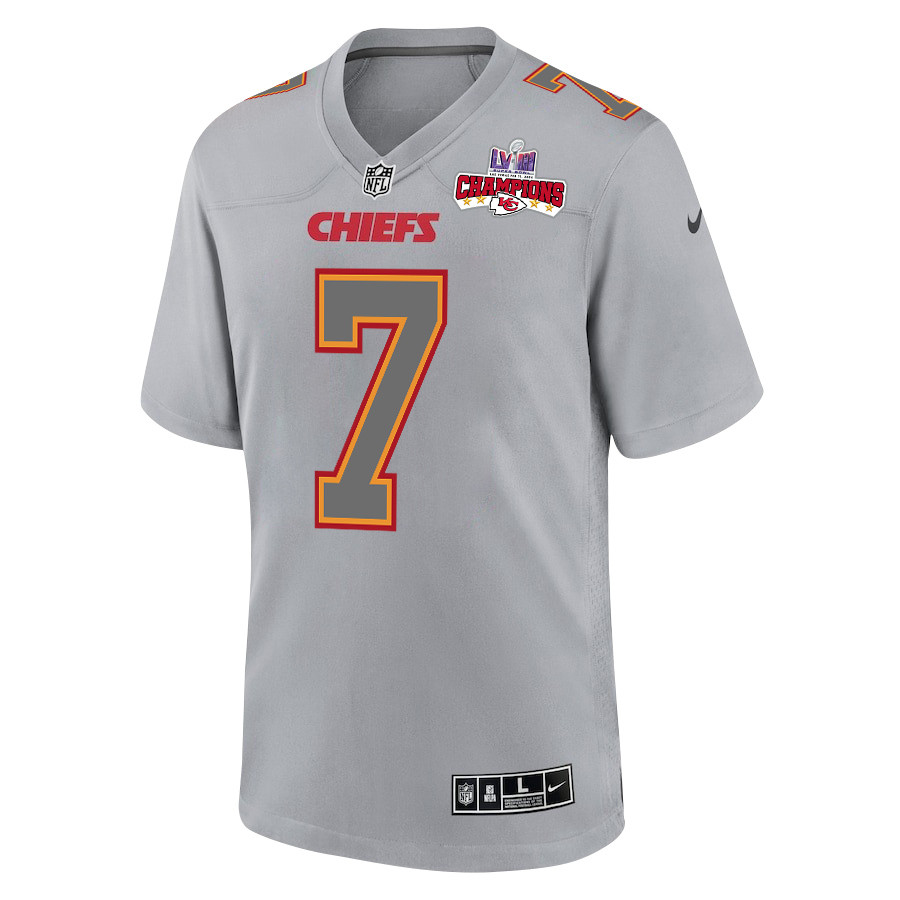 Alternative view of Harrison Butker 7 Kansas City Chiefs Super Bowl LVIII Champions 4 Stars Patch Atmosphere Fashion Game Men Jersey - Gray JS2406 nicesnker