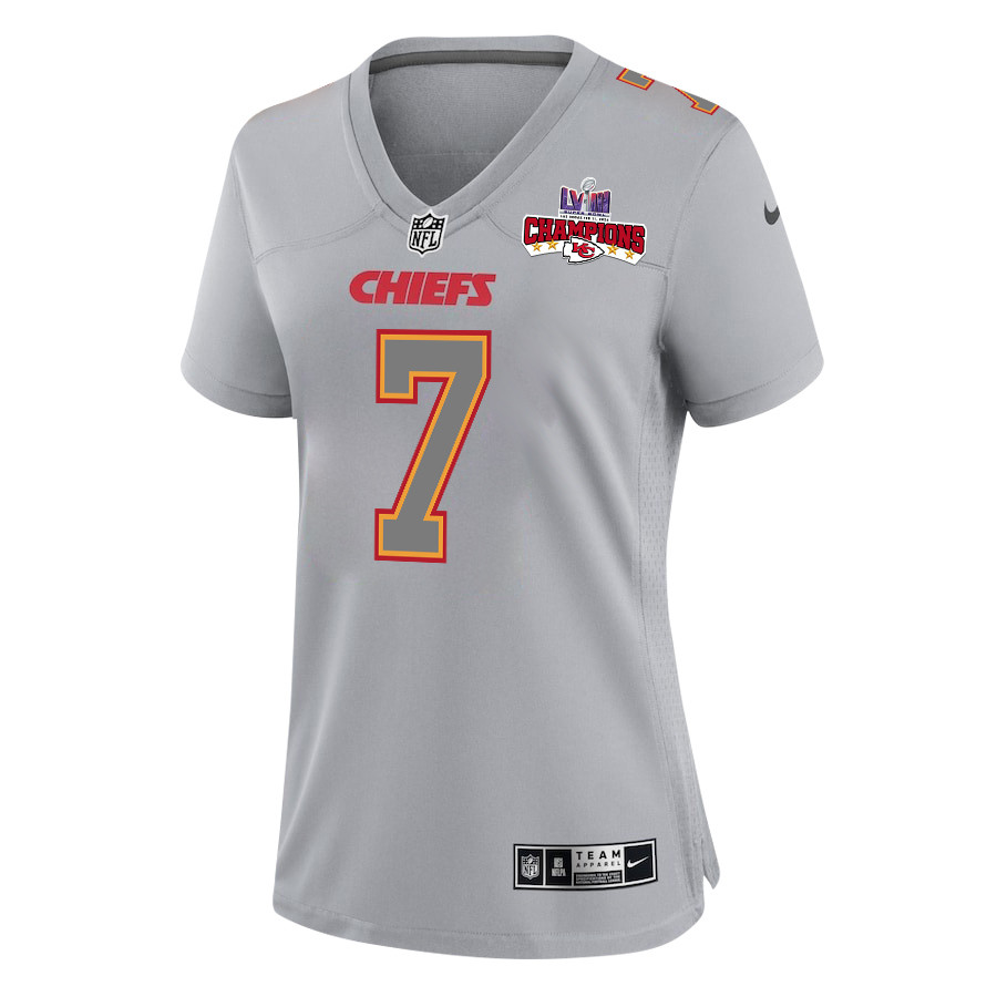 Alternative view of Harrison Butker 7 Kansas City Chiefs Super Bowl LVIII Champions 4 Stars Patch Atmosphere Fashion Game Women Jersey - Gray JS9561 nicesnker
