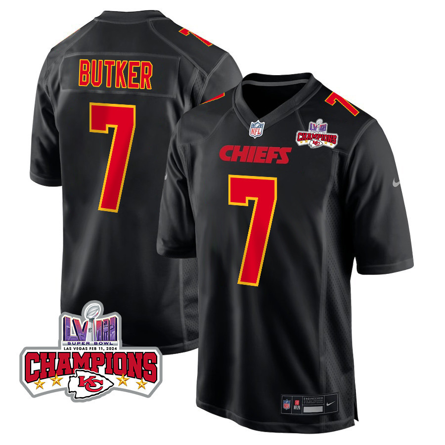 Harrison Butker 7 Kansas City Chiefs Super Bowl LVIII Champions 4 Stars Patch Fashion Game Men Jersey - Carbon Black JS4076 nicesnker