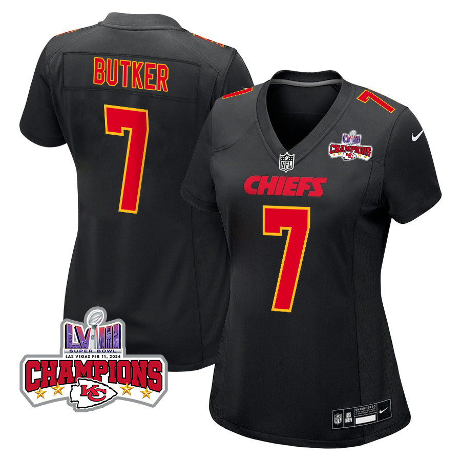 Harrison Butker 7 Kansas City Chiefs Super Bowl LVIII Champions 4 Stars Patch Fashion Game Women Jersey - Carbon Black JS1245 nicesnker