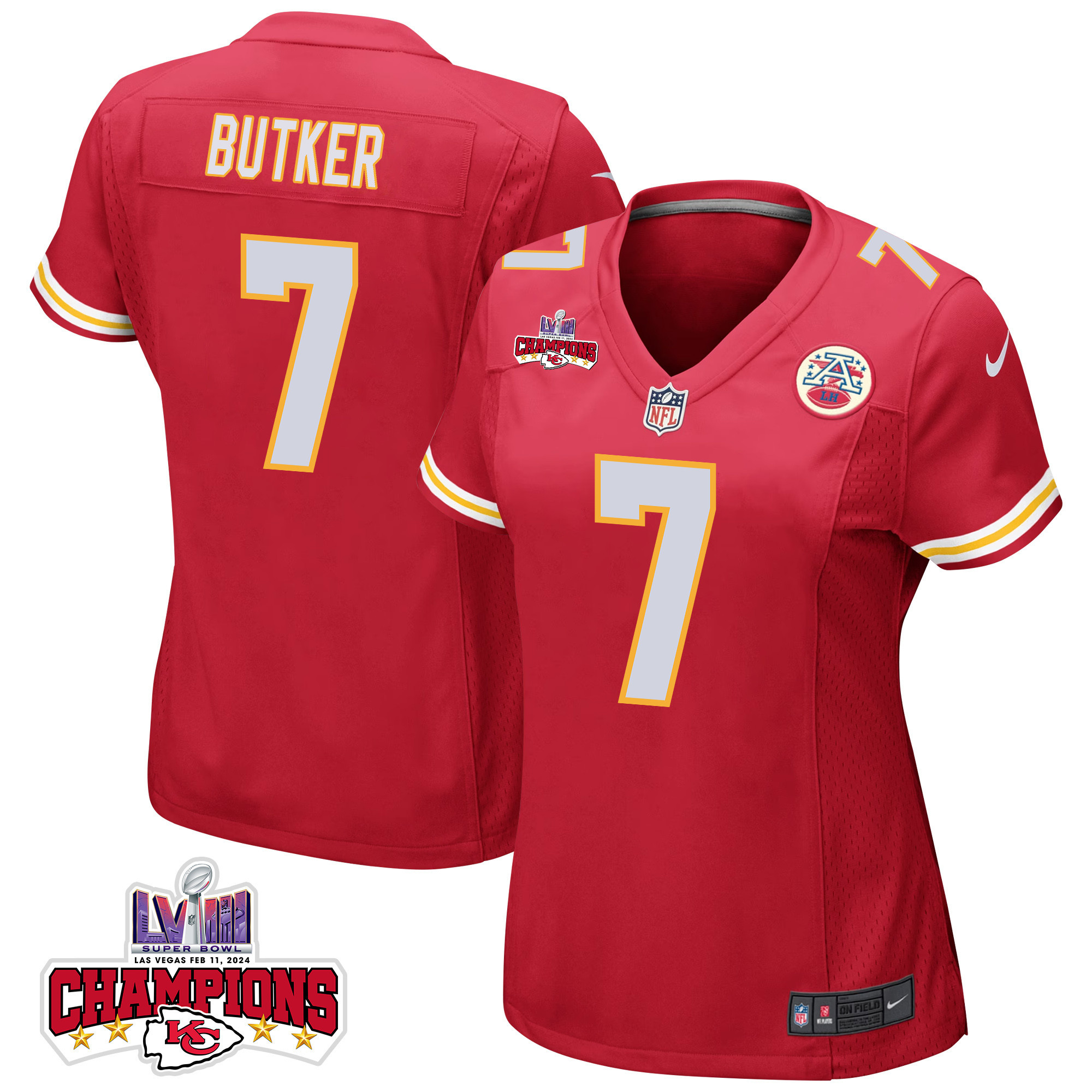 Harrison Butker 7 Kansas City Chiefs Super Bowl LVIII Champions 4 Stars Patch Game Women Jersey - Red JS7022 nicesnker