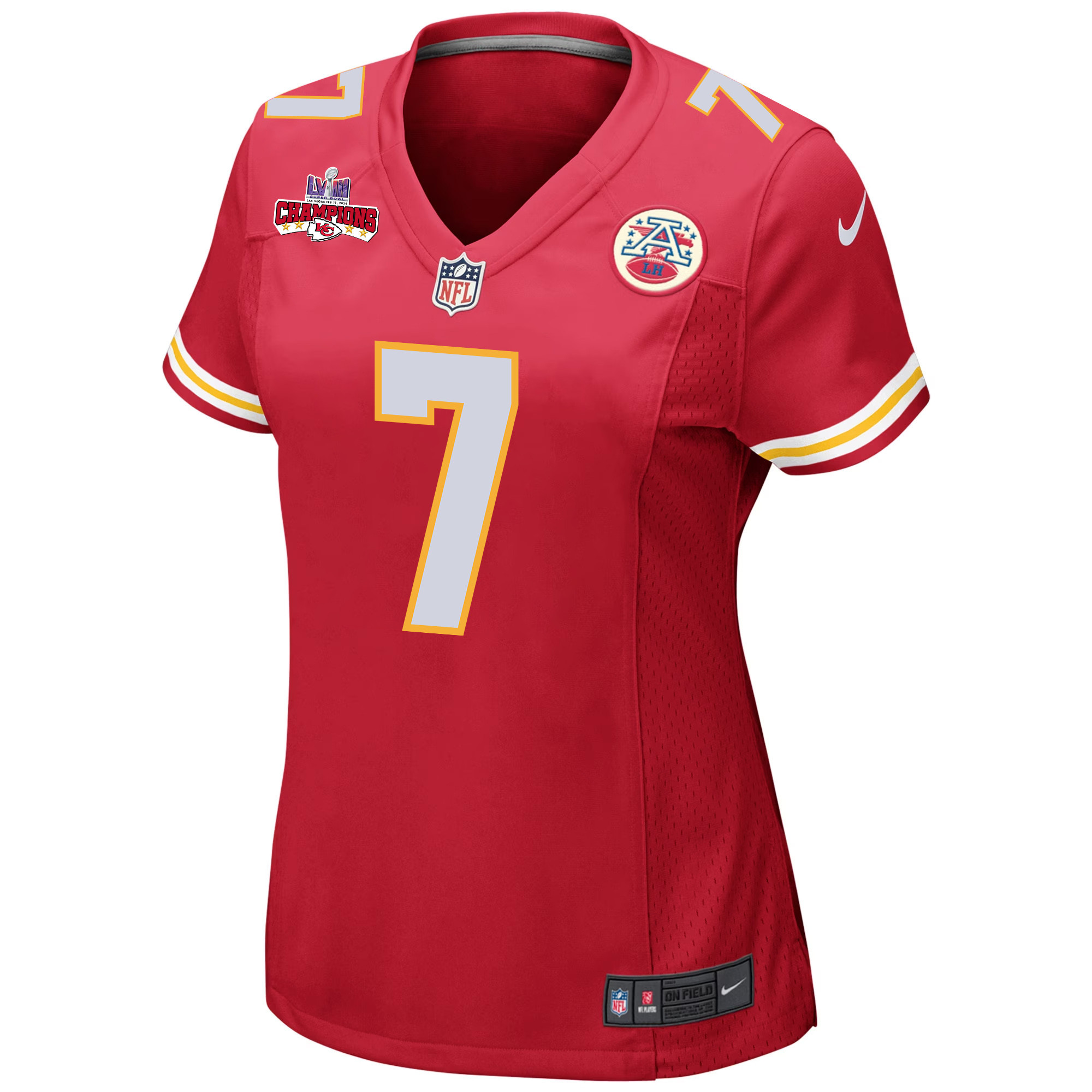 Alternative view of Harrison Butker 7 Kansas City Chiefs Super Bowl LVIII Champions 4 Stars Patch Game Women Jersey - Red JS7022 nicesnker